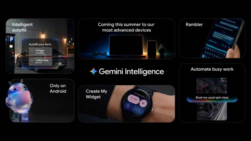 Gemini Intelligence promotional image showing Android AI features across devices.