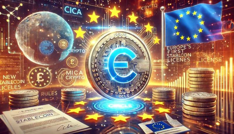 Illustration of regulated euro and dollar stablecoins moving through a European digital finance network.