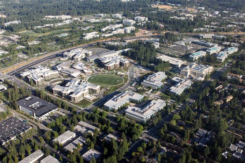 Aerial photograph showing the Microsoft corporate headquarters campus buildings in Redmond, Washington.