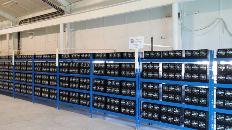 Cryptocurrency mining facility with computational server rows.