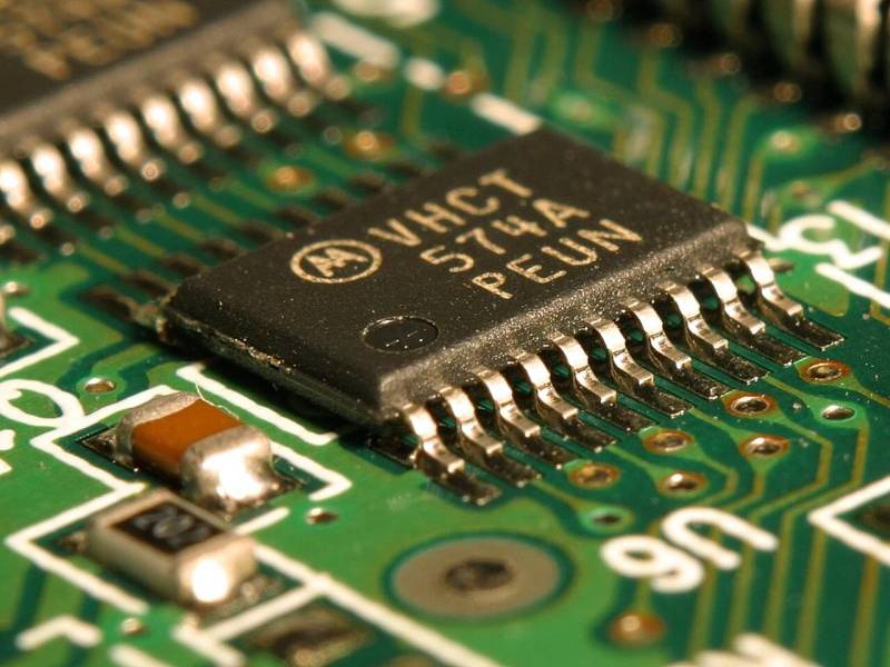Microscopic view of integrated circuit semiconductor architecture.