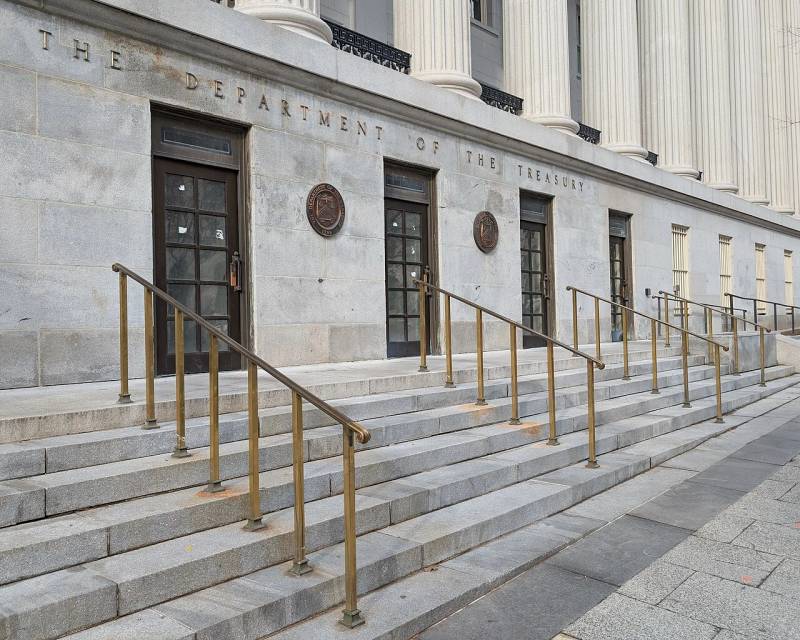 Official Department of the Treasury signage in Washington DC establishing federal outbound investment oversight over national security technologies.