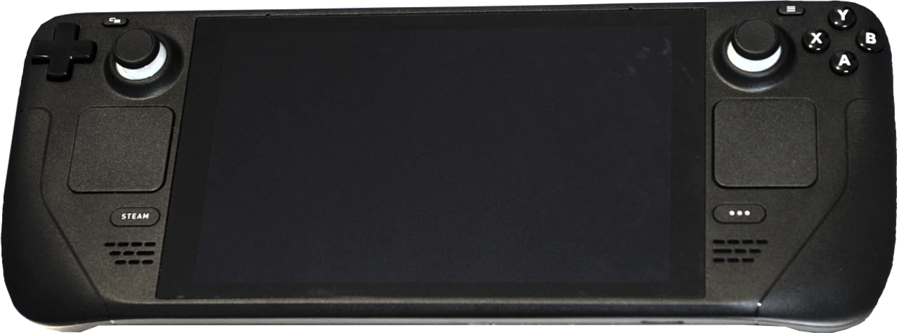 Steam Deck handheld gaming console hardware running Valve SteamOS Linux operating system.
