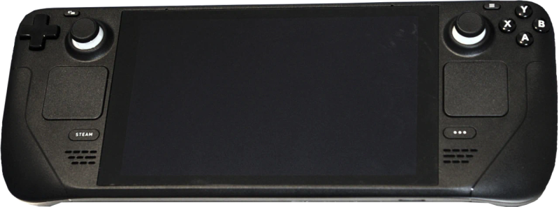Steam Deck handheld gaming console hardware running Valve SteamOS Linux operating system.