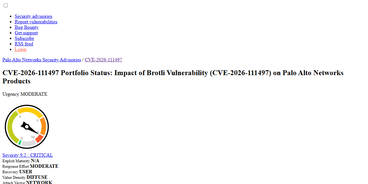 Official Palo Alto Networks CVE-2026-111497 security advisory header showing CVSS 9.2 Critical severity rating.