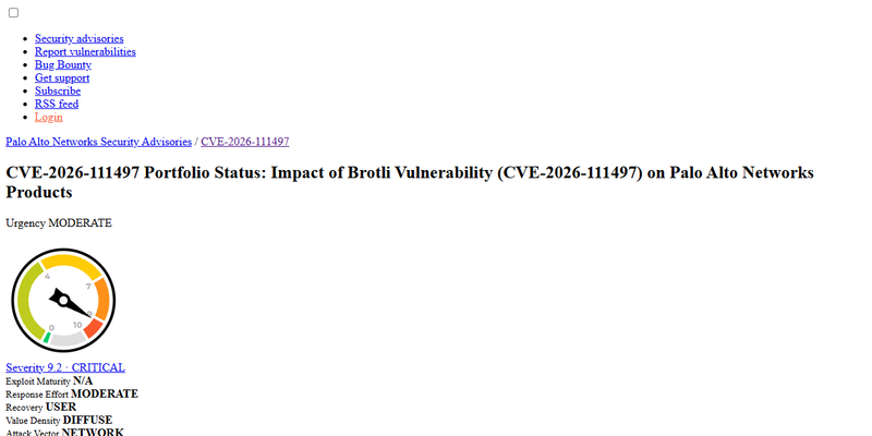 Official Palo Alto Networks CVE-2026-111497 security advisory header showing CVSS 9.2 Critical severity rating.