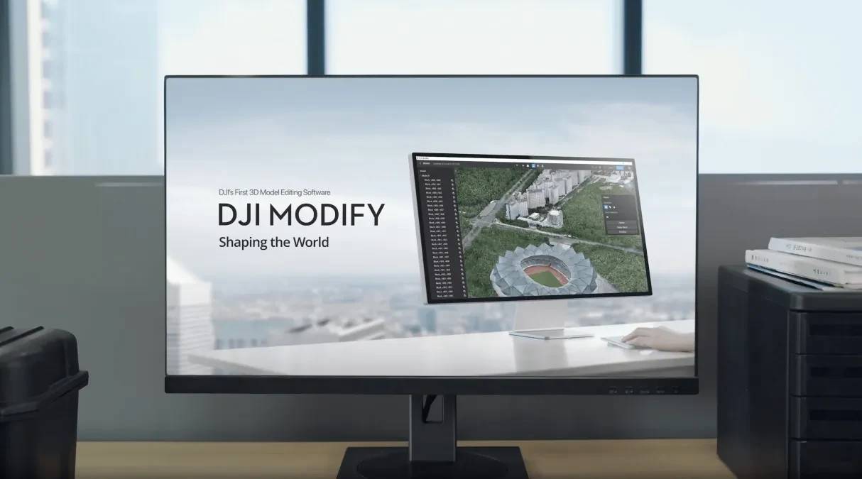 DJI Modify 3D drone photogrammetry modeling software interface displaying building reconstruction mesh.
