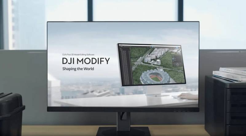 DJI Modify 3D drone photogrammetry modeling software interface displaying building reconstruction mesh.