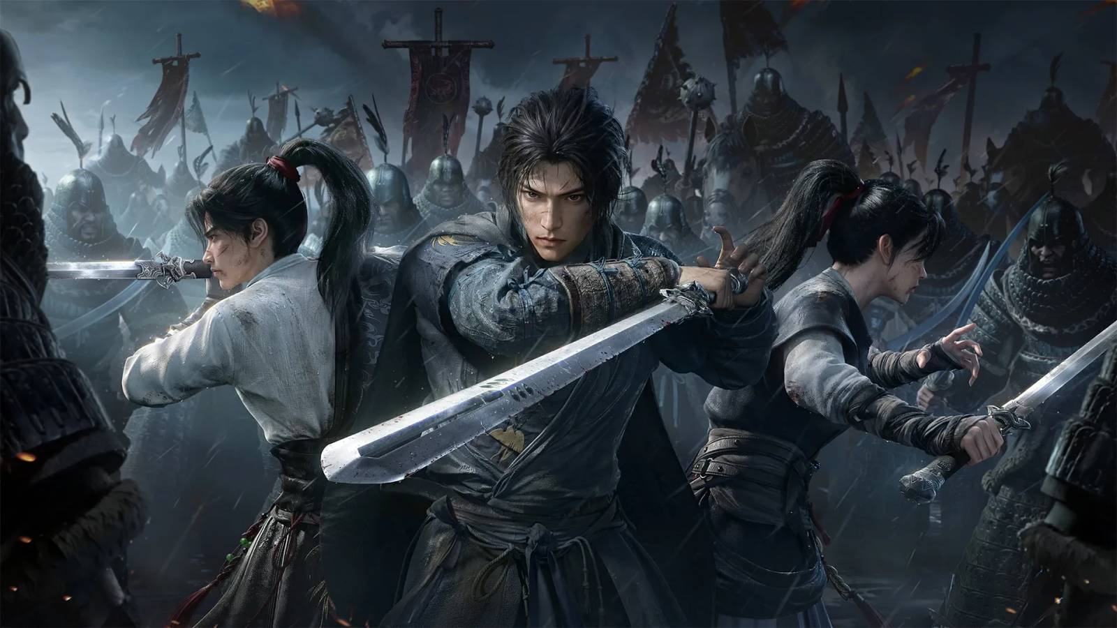 Cinematic warrior overlooking vast wuxia mountain valley and military fortifications in Where Winds Meet.
