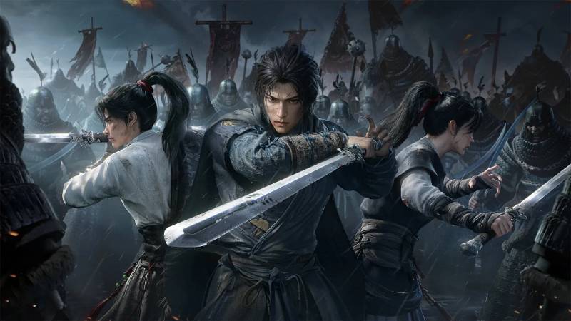 Cinematic warrior overlooking vast wuxia mountain valley and military fortifications in Where Winds Meet.
