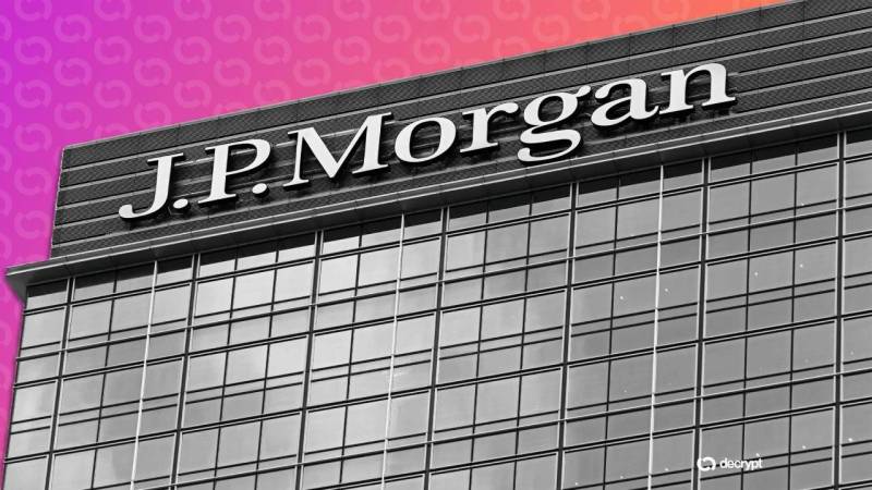 JPMorgan corporate headquarters building illustrated in cybernetic digital token aesthetic.