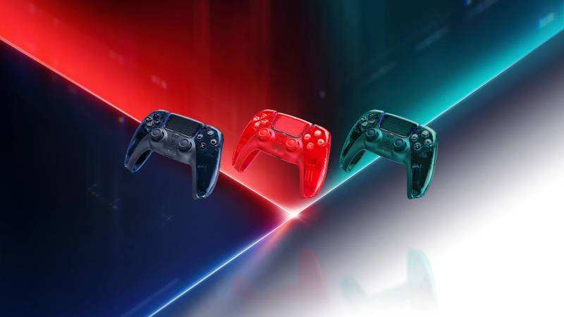 PlayStation 5 console and DualSense controller styled in translucent Prism Collection housing.