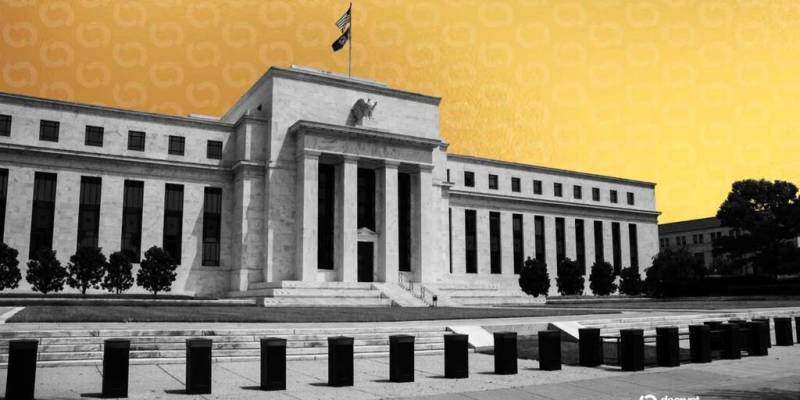 Stylized graphic of United States Federal Reserve central banking building in Washington.
