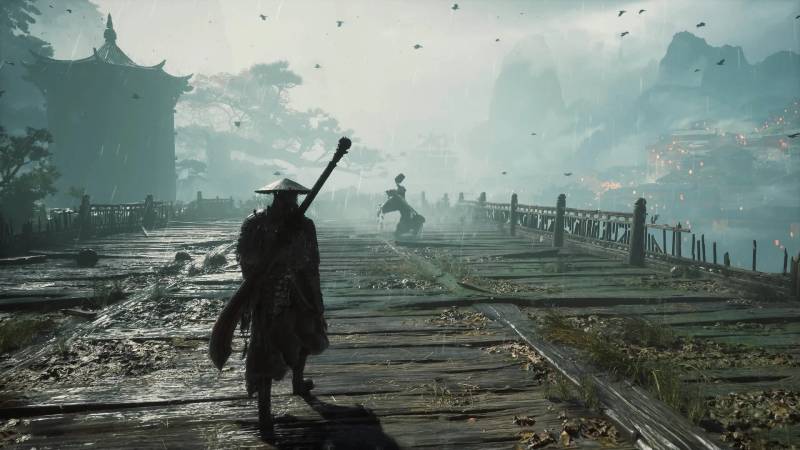 Dramatic martial arts combat encounter in Phantom Blade Zero showcasing intricate weapon design.