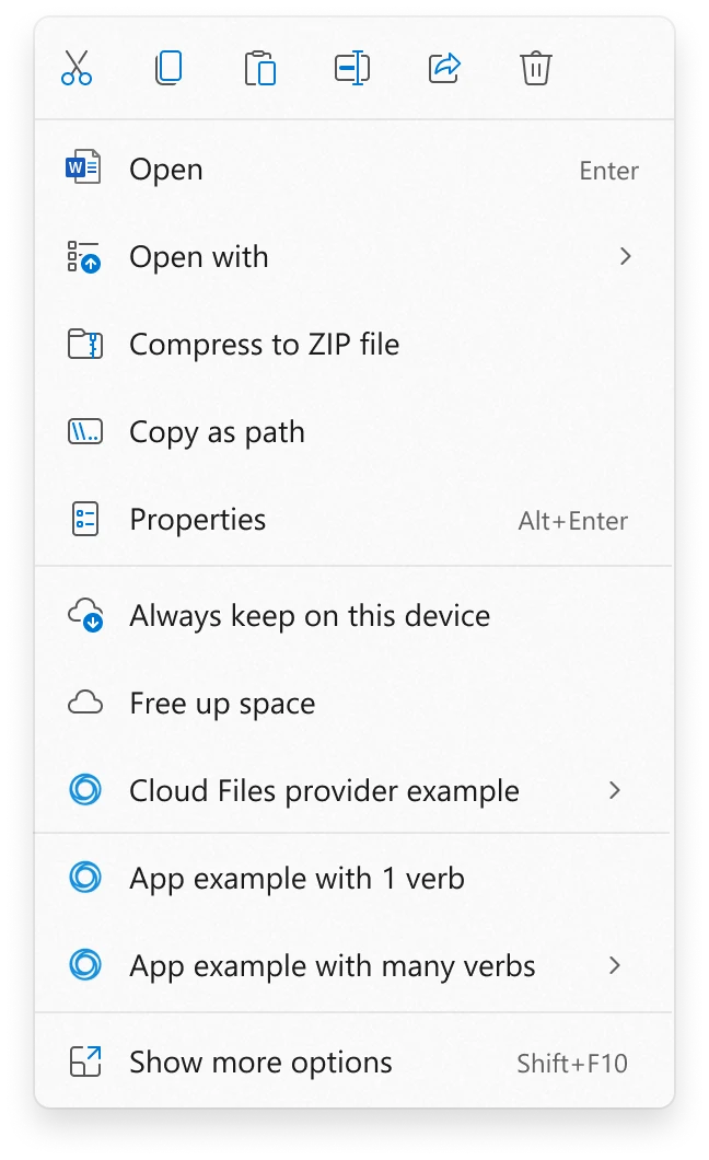 Screenshot demonstrating updated Windows 11 File Explorer context menu layout and options.